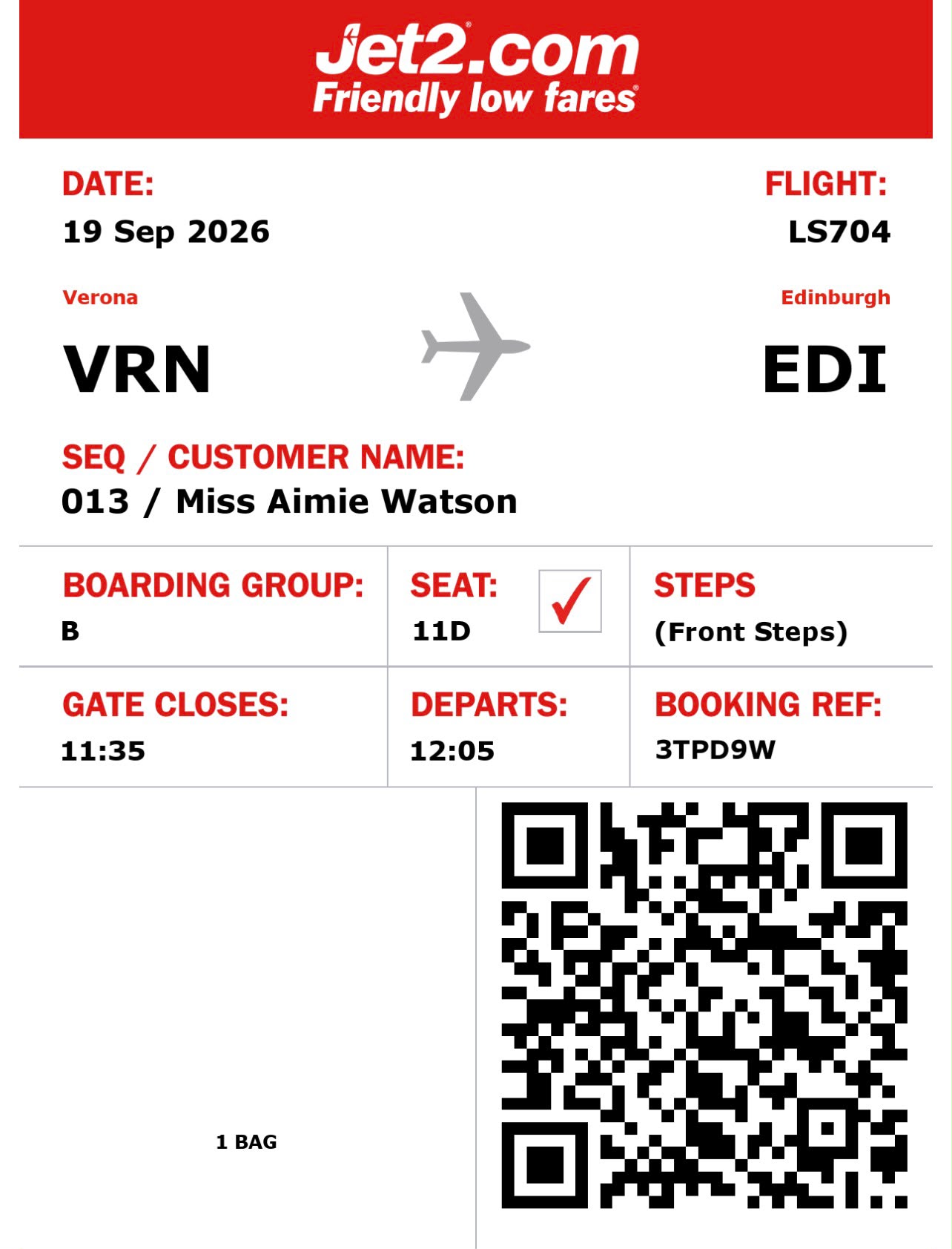 Aimie Watson return boarding pass