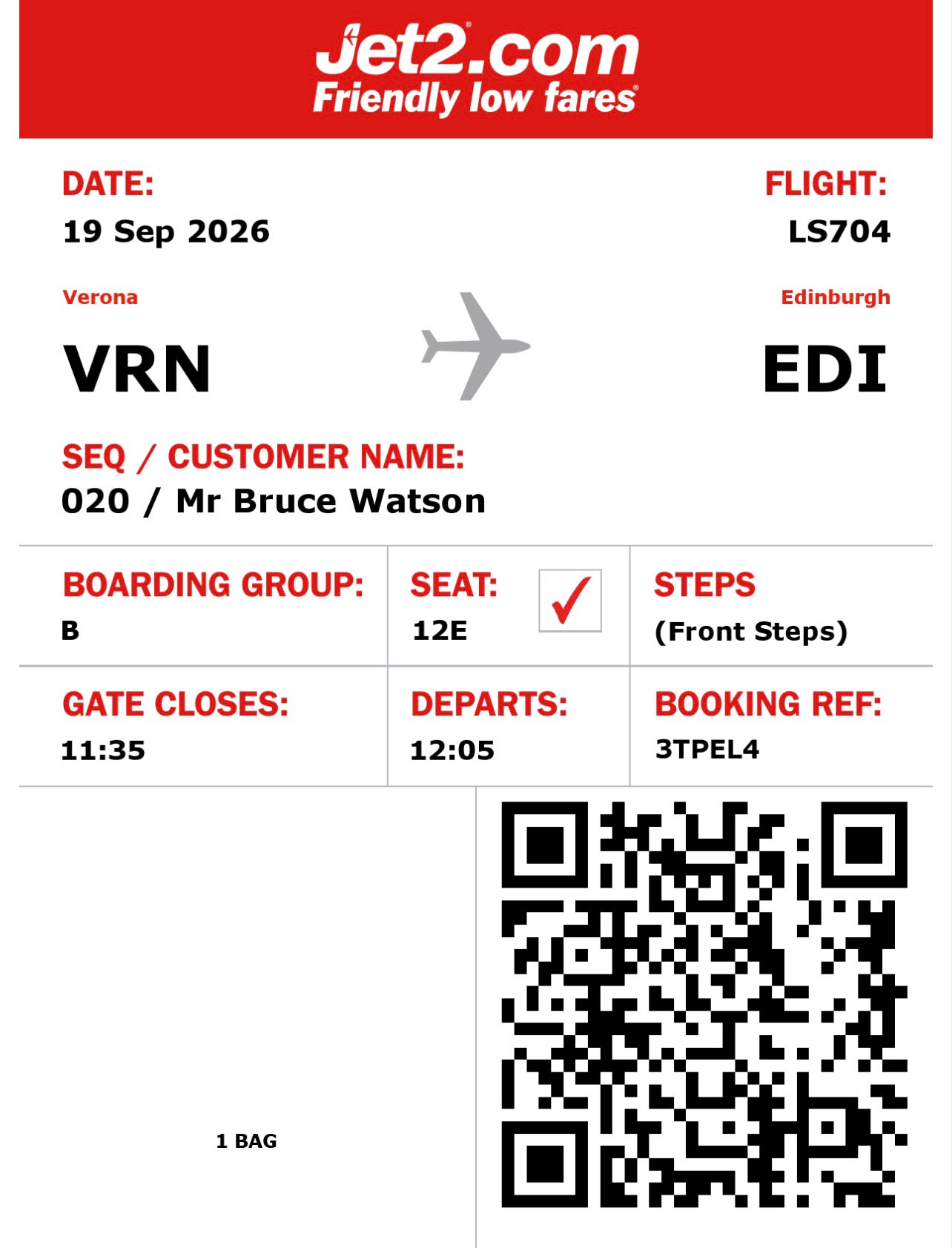 Bruce Watson return boarding pass