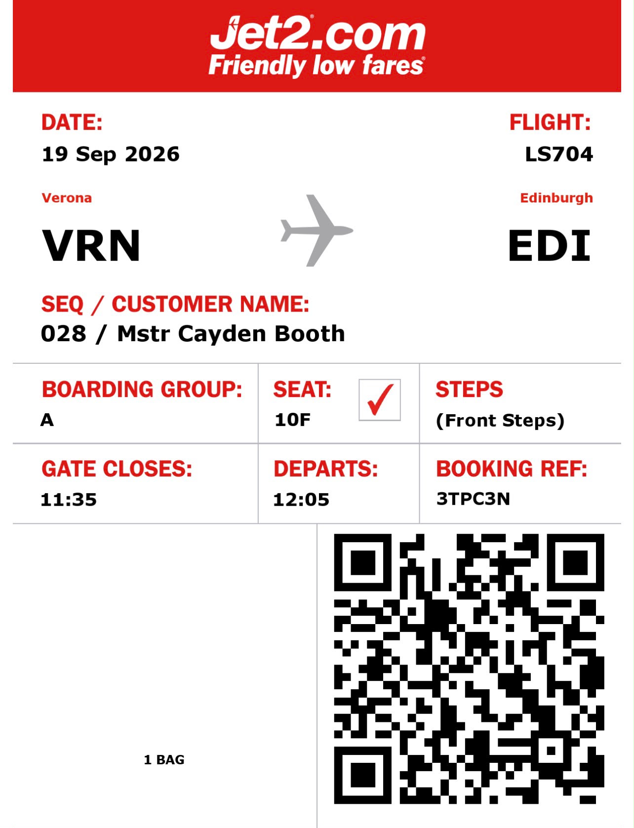 Cayden Booth return boarding pass