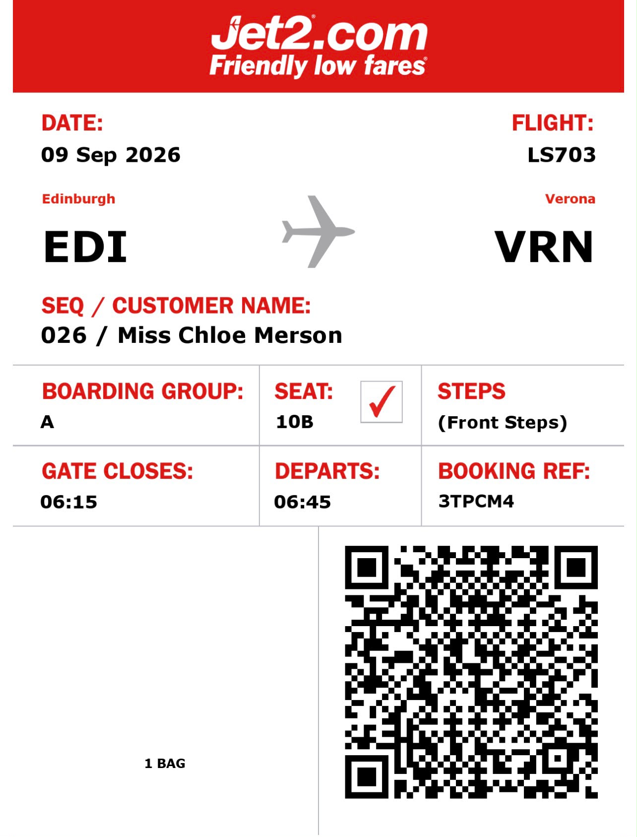 Chloe Merson outbound boarding pass