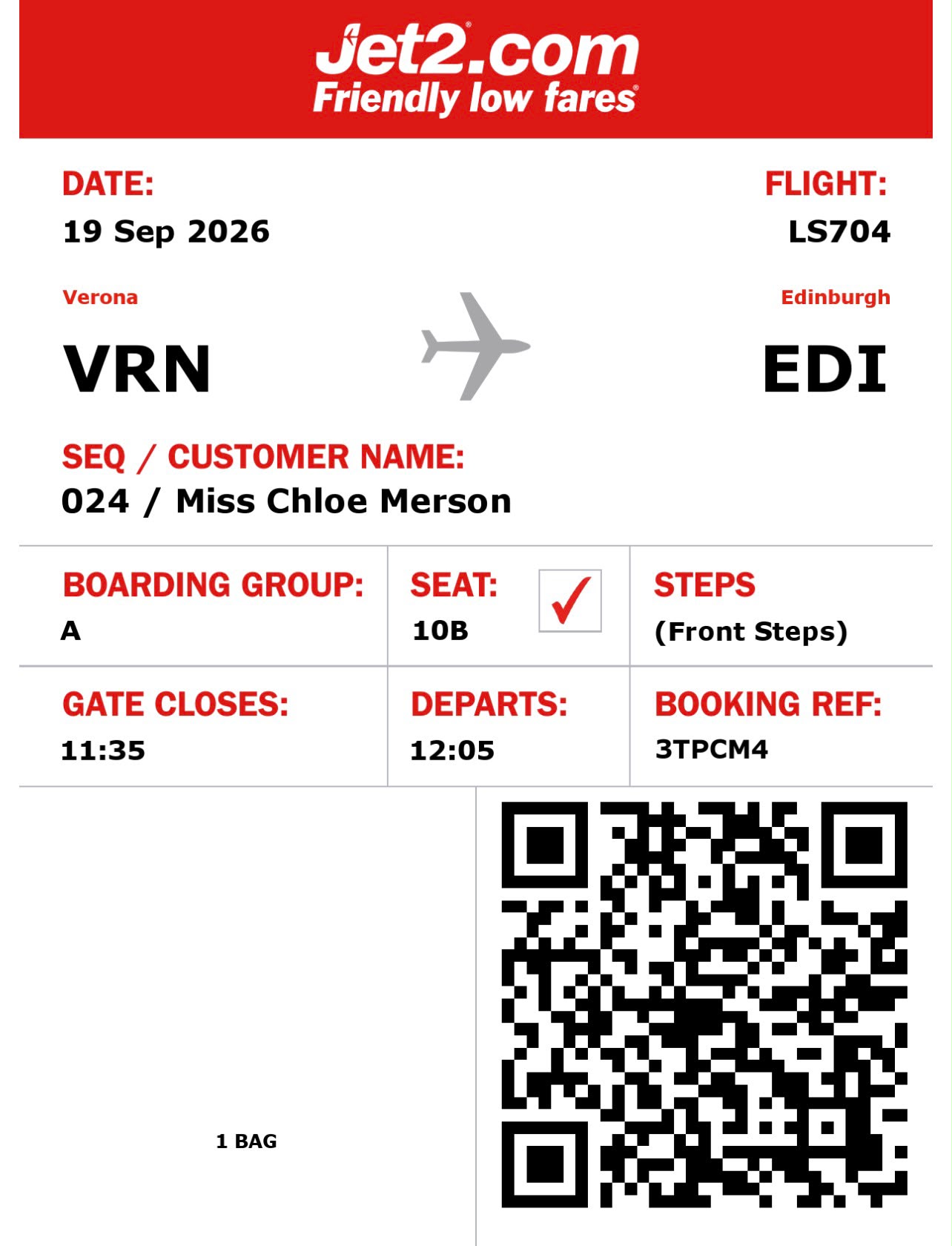 Chloe Merson return boarding pass