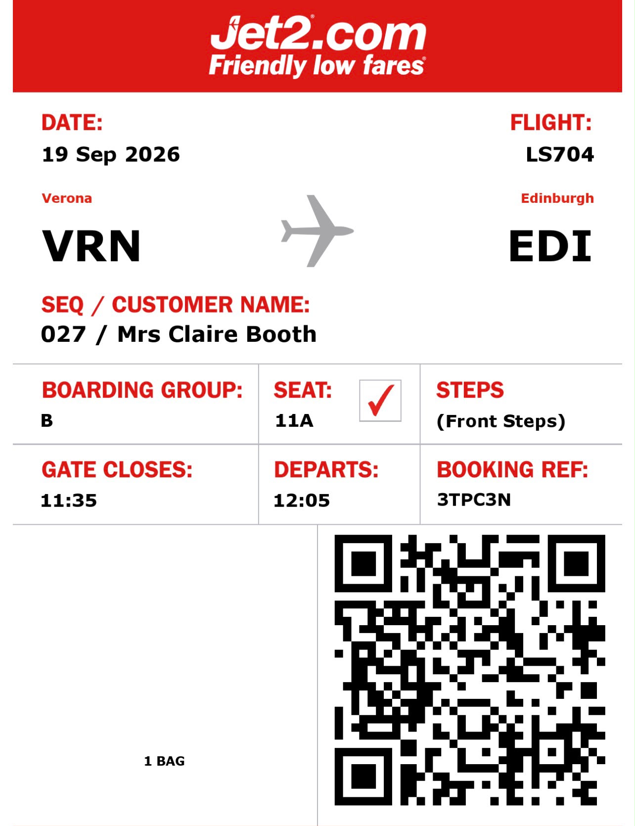 Claire Booth return boarding pass