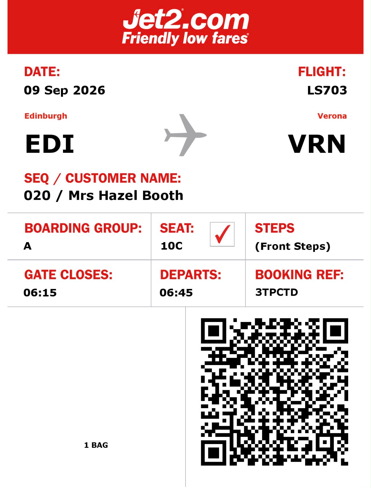 Hazel Booth outbound boarding pass