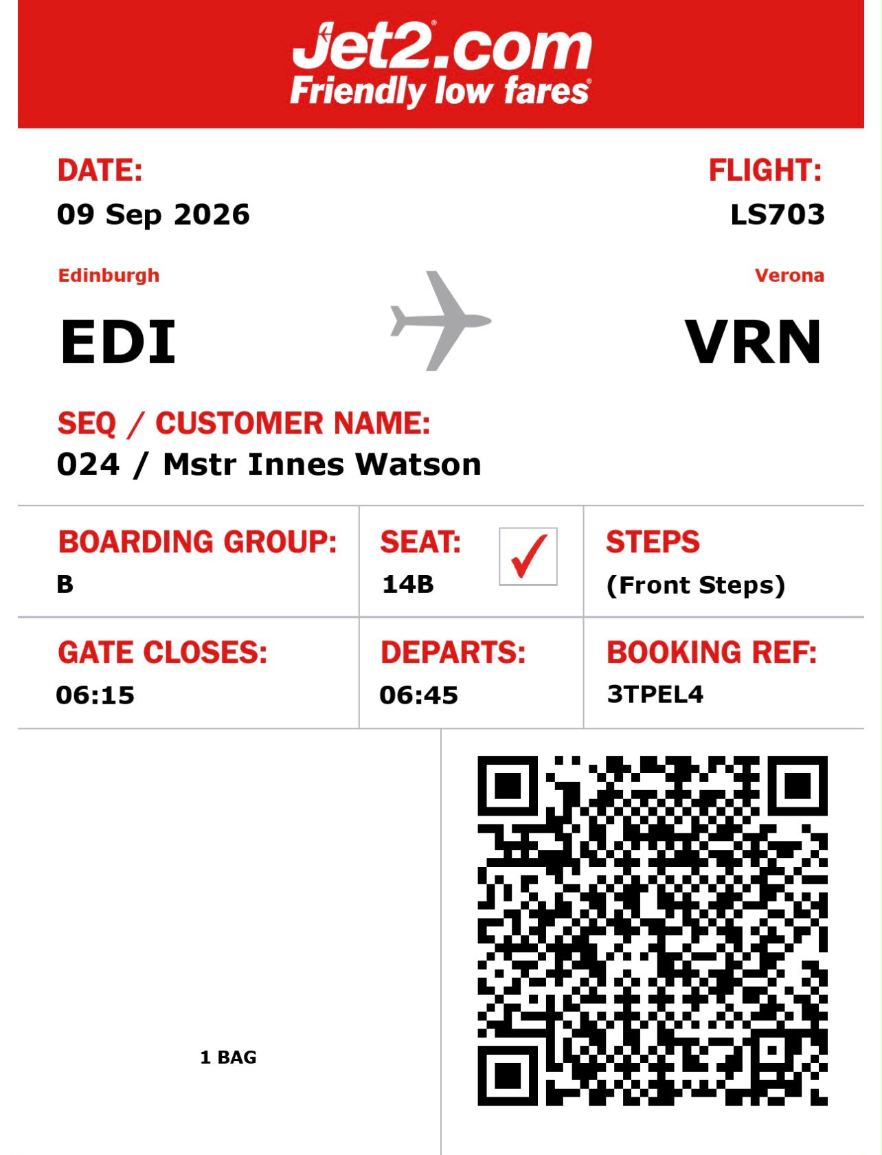 Innes Watson outbound boarding pass