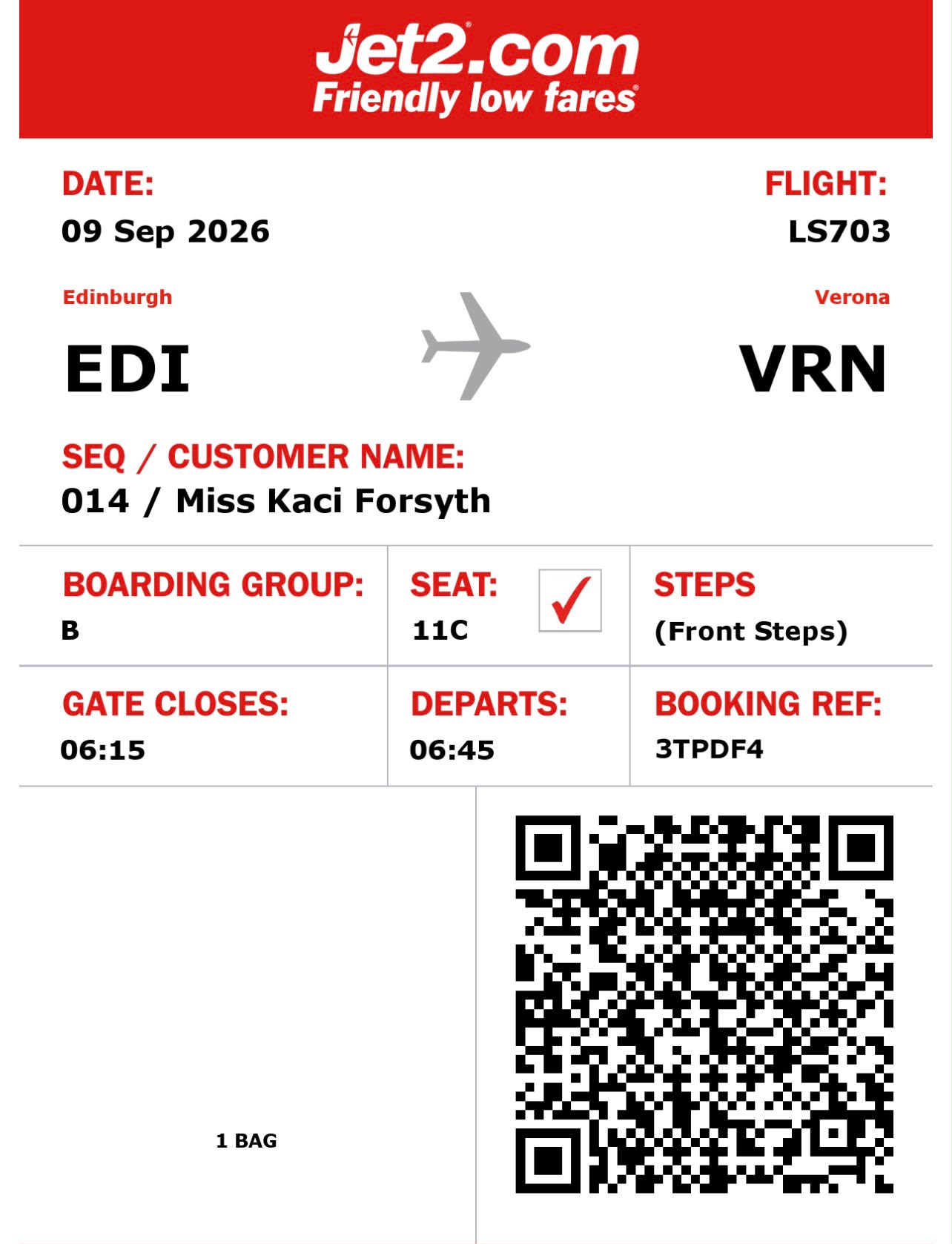 Kaci Forsyth outbound boarding pass