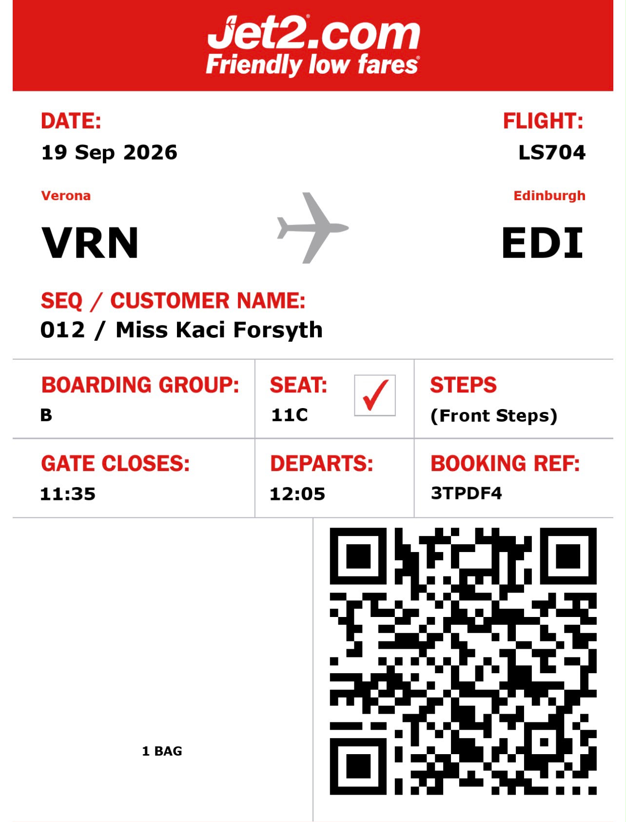 Kaci Forsyth return boarding pass