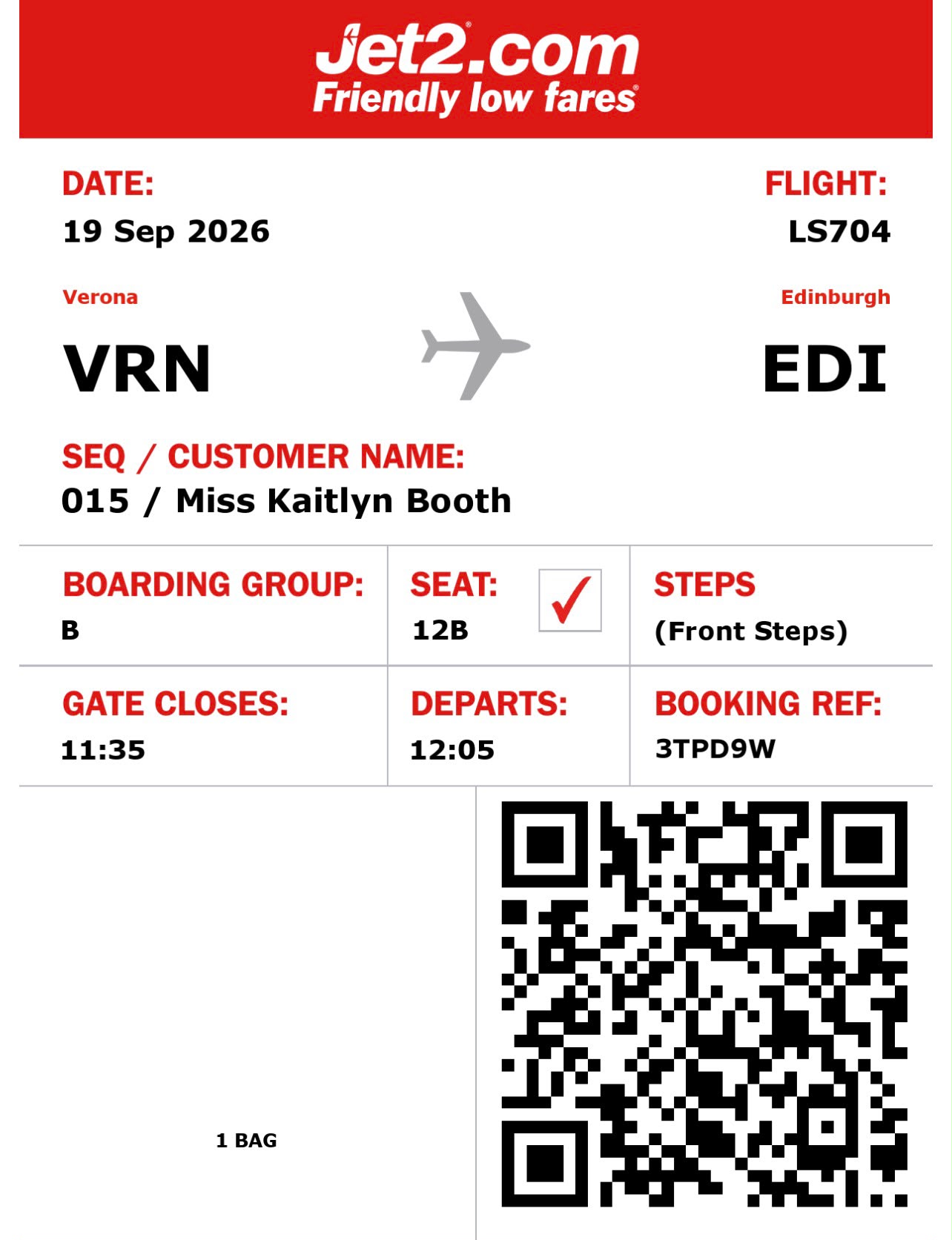 Kaitlyn Booth return boarding pass