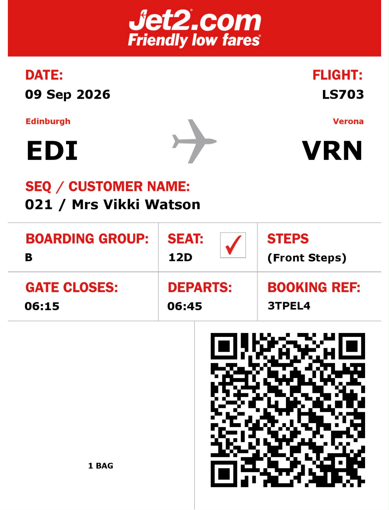 Vikki Watson outbound boarding pass