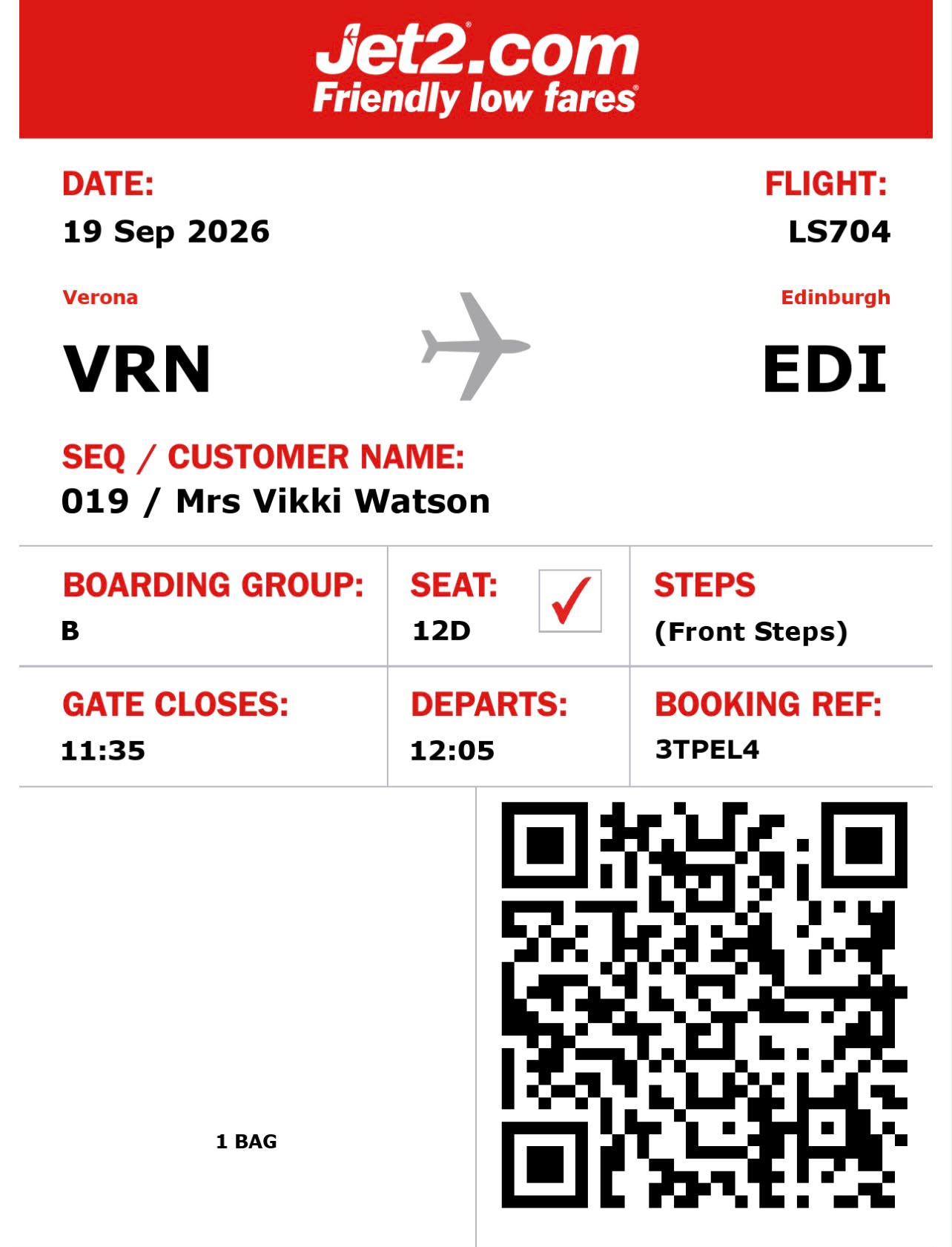 Vikki Watson return boarding pass